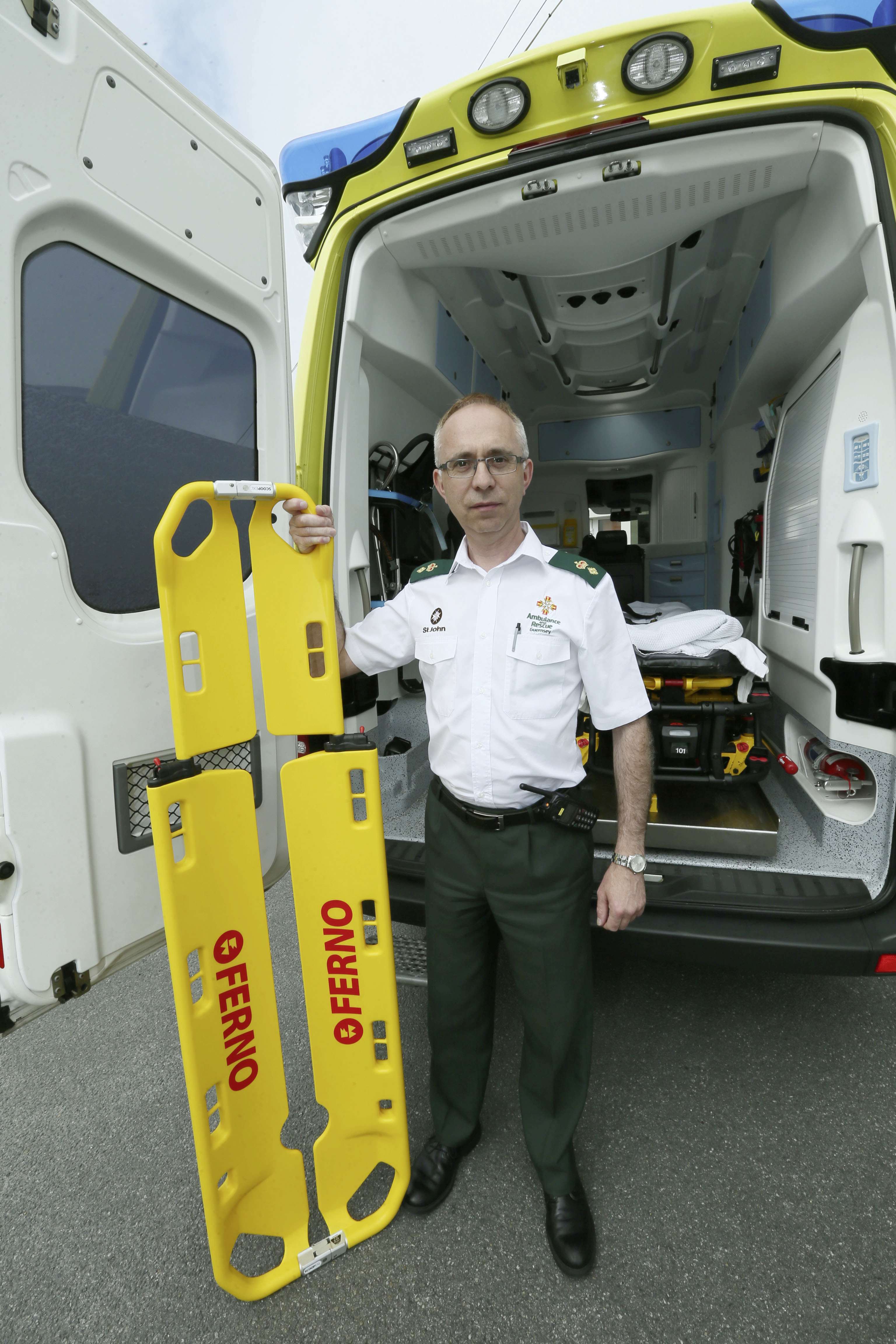Pic by Adrian Miller 17-06-15 St John Ambulance station St John have bought six scoop stretchers with the money from Channel Islands Christmas Lottery Dean de la Mare senior officer